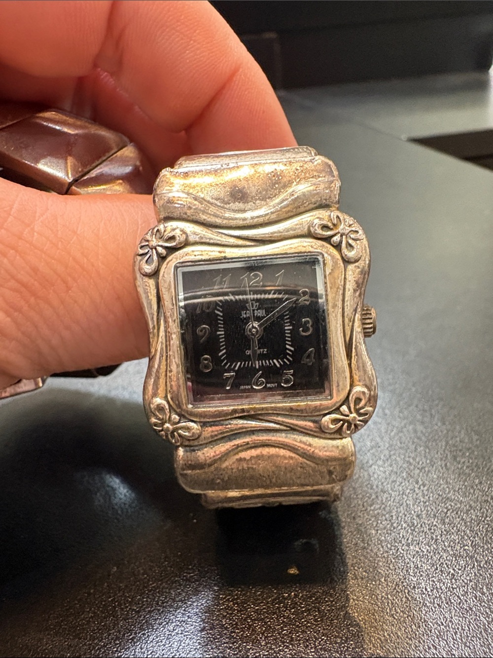 Floral-Accented Black Dial Women's Watch - Silver Tone